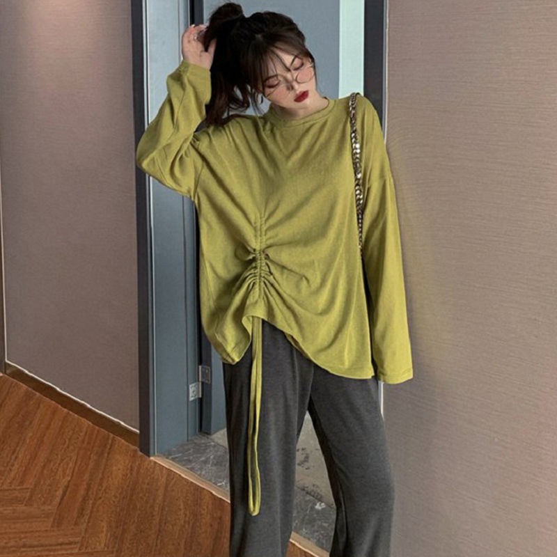 Áo Thun Tay Dài Phối Dây Rút Phong Cách Hong Kong Thời Trang Cho Nữ