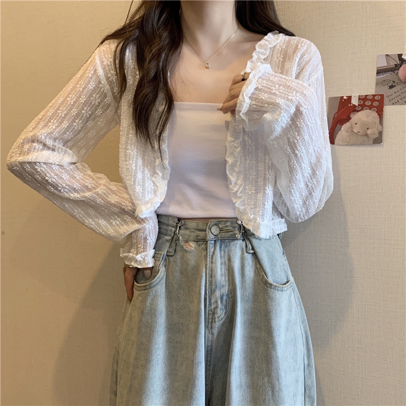 Áo kiểu ZHELIHANGFEI tay dài chống nắng lưng cao phối ren họa tiết hoa xinh xắn