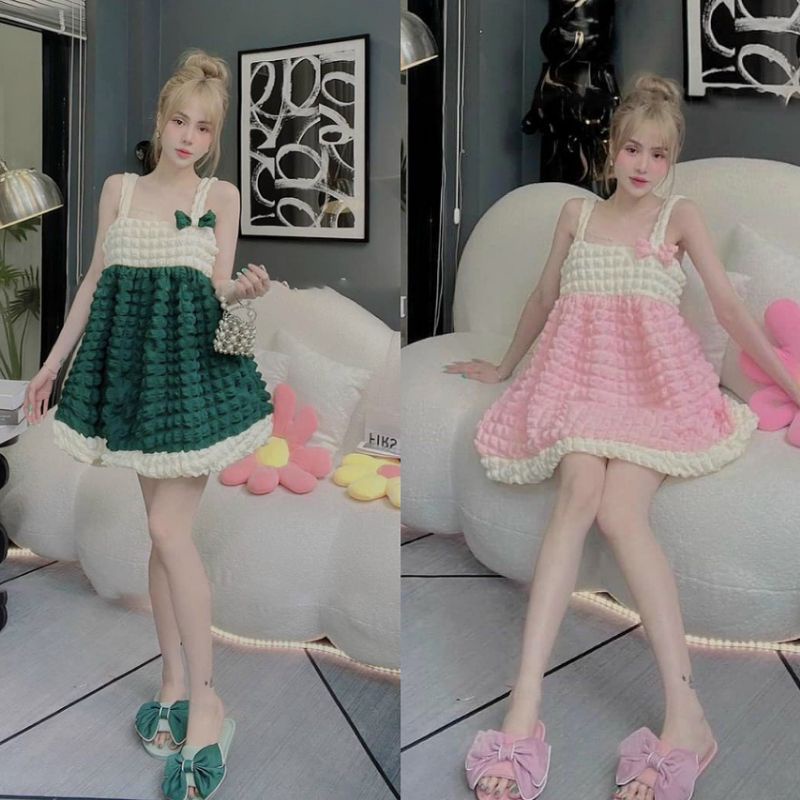 Váy 2 dây xốp phồng tiểu thư siêu xinh ( hình thật )