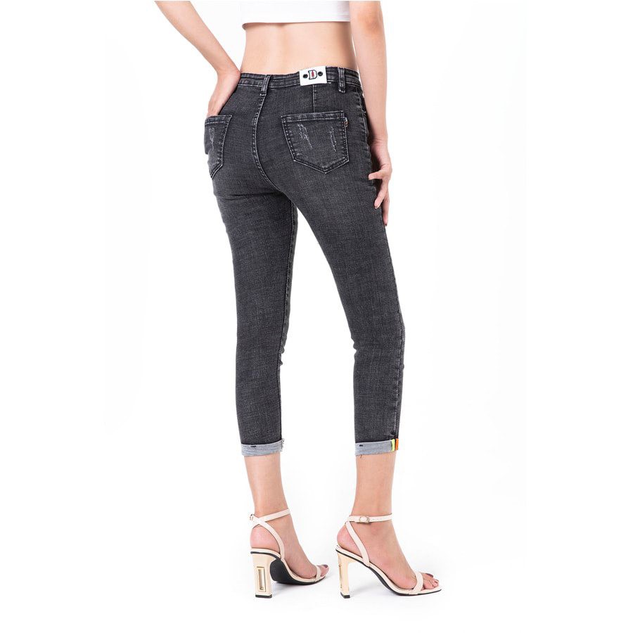 Quần Jean 9 Tấc Nữ Hàng Jean Co Giãn Mạnh Màu Xám Lưng Cao Mẫu Lật Lai