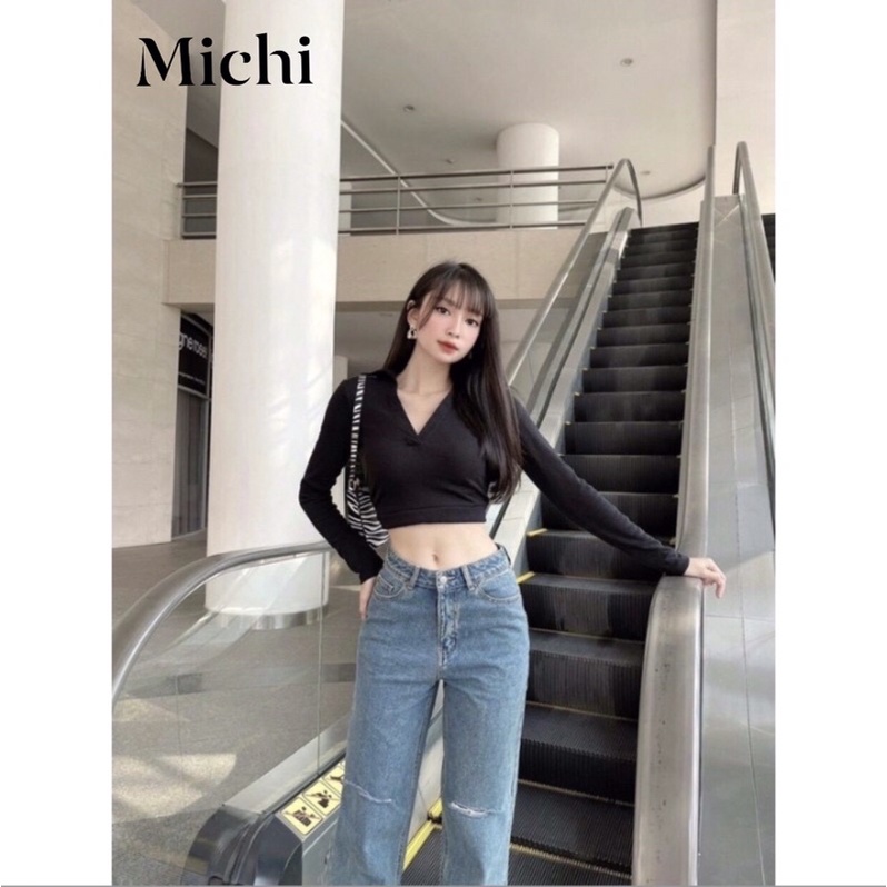 Áo croptop nữ tay dài cổ đứng Michi, áo kiểu nữ tay dài Michi