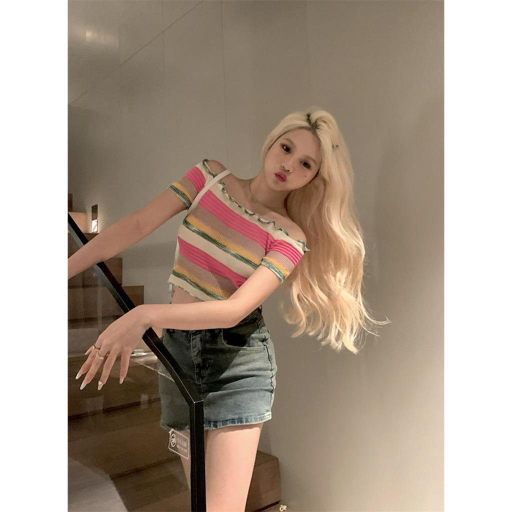 QADCOL Áo Thun Dệt Kim Ngắn Vừa Vặn Họa Tiết Kẻ Sọc Nhiều Màu Sắc Phong Cách Mùa Hè Mới