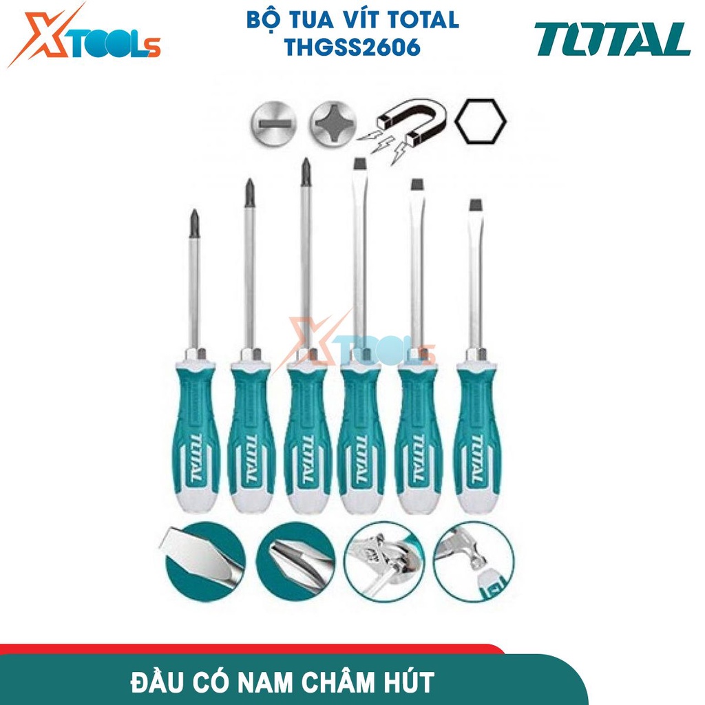 Bộ 6 tua vít đóng xuyên TOTAL THGSS2606 thép công nghiệp S2 cứng chắc, đầu bake và dẹp 100-200 - CHÍNH HÃNG - XTOOLS