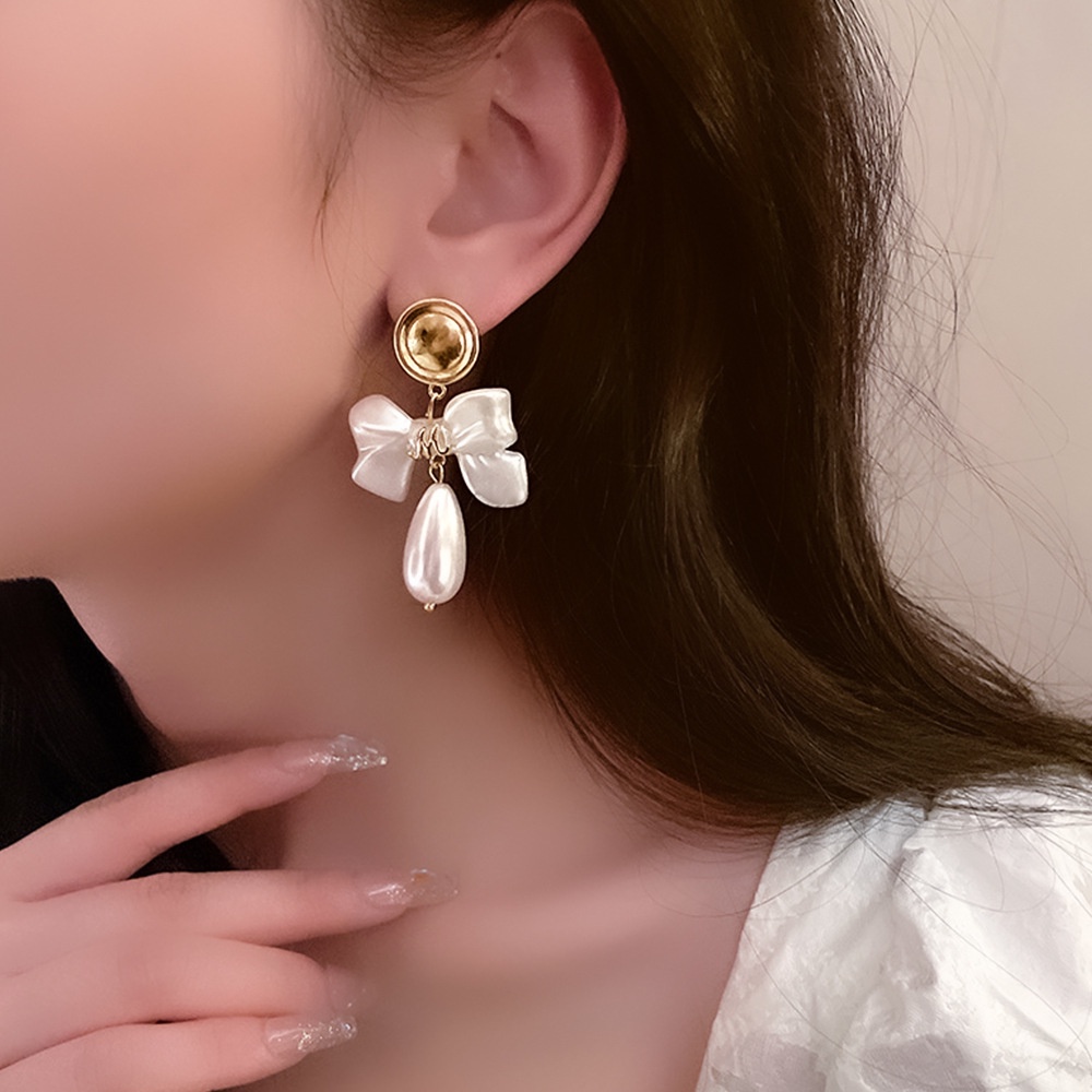 Bông Tai Mạ Bạc 925 Hình Nơ Đính Ngọc Trai Phong Cách Hàn Quốc