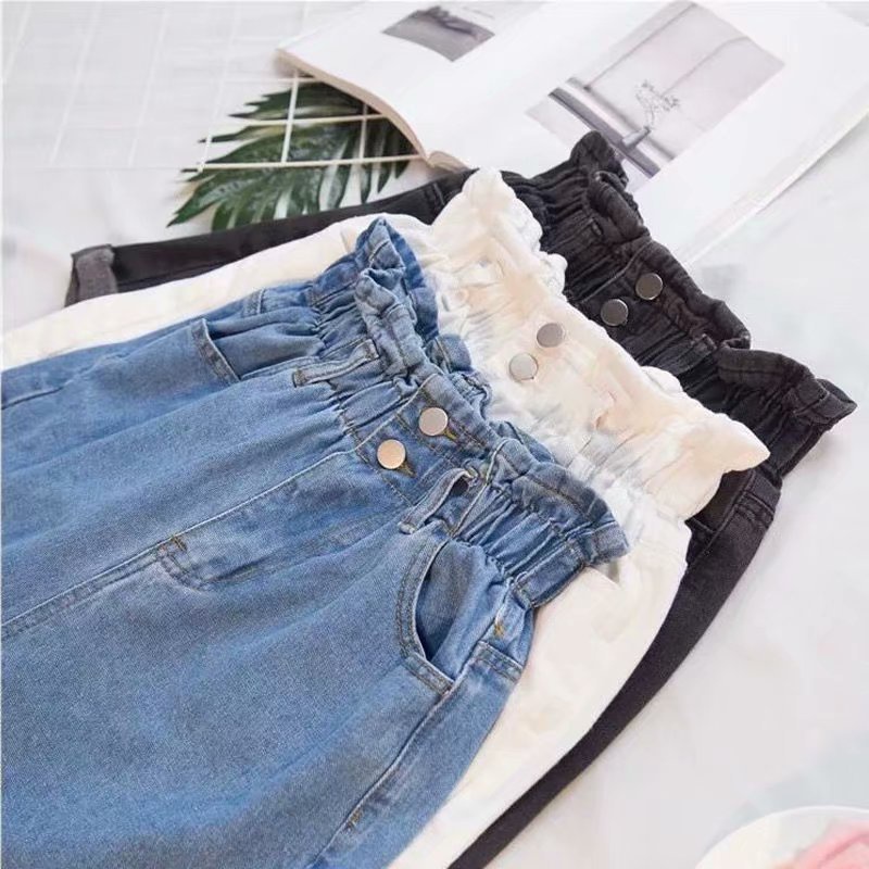 Quần Short Jean Lưng Cao Co Giãn Phối Bèo Màu Đen/Trắng Size Lớn 5XL Thời Trang Mùa Hè Cho Nữ