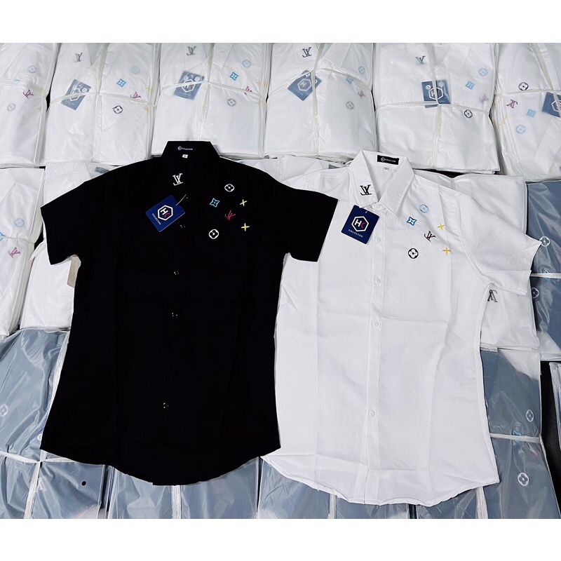 Áo sơ mi nam nữ 3D tay ngắn thêu họa tiết LV, phong cách thời trang chất vải lụa kate mềm mát