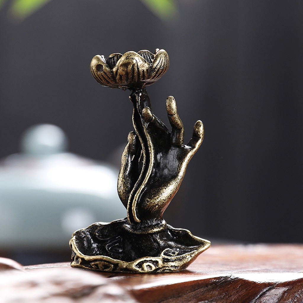 Thác khói trầm hương hình bàn tay cầm hoa sen phong cách Phật giáo bằng đồng nguyên chất