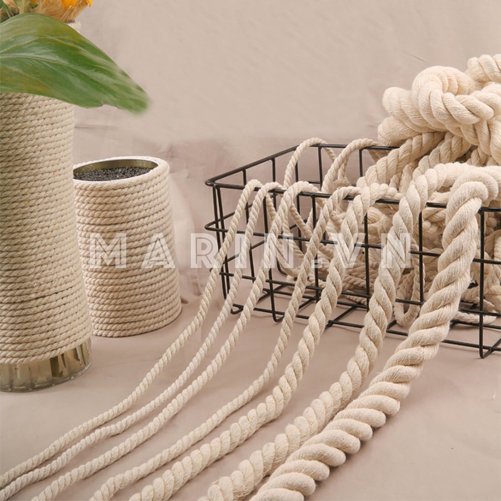 Dây thừng se macrame 3 xoắn cotton màu ngà, màu kem sợi 5mm
