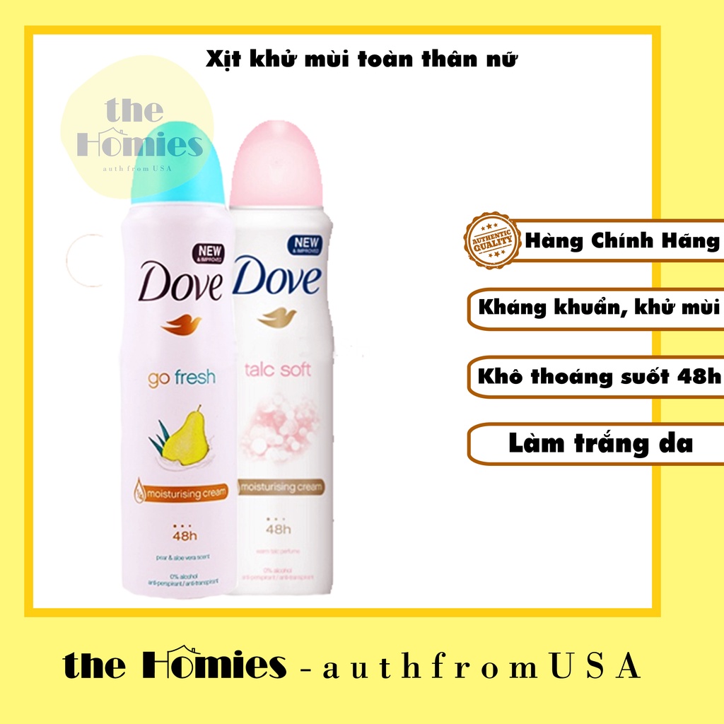 Xịt khử mùi toàn thân nữ Dove Go Fresh hương lê và Tacl Soft hương phấn