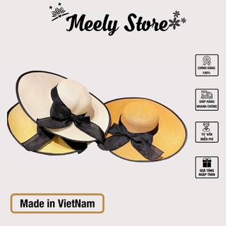 Mũ cói vành rộng phối nơ đen - mũ cói đi biển meely01