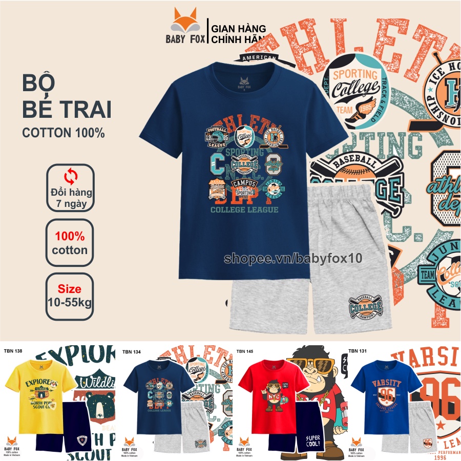 Bộ thun bé trai size nhí, trung, đại 100% cotton loại tốt, thương hiệu BABY FOX e