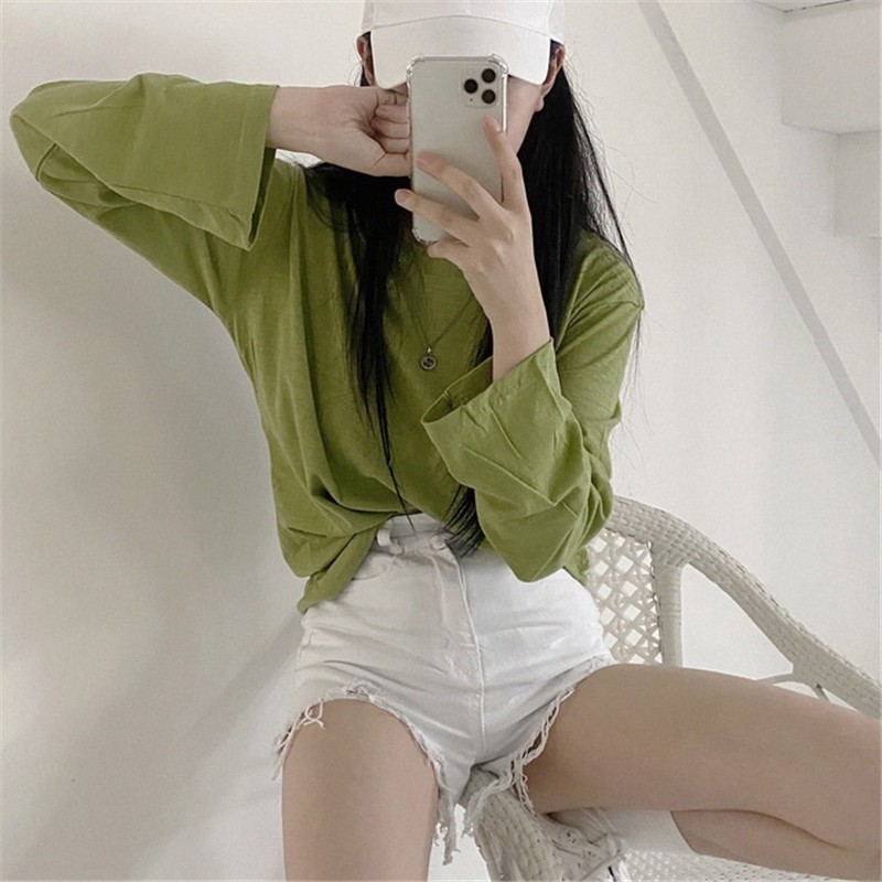 [ Mã 12FASHIONSALE1 giảm 10K đơn 50K ] Xiaozhainv Áo thun dáng suông tay dài màu trơn thời trang cho nữ