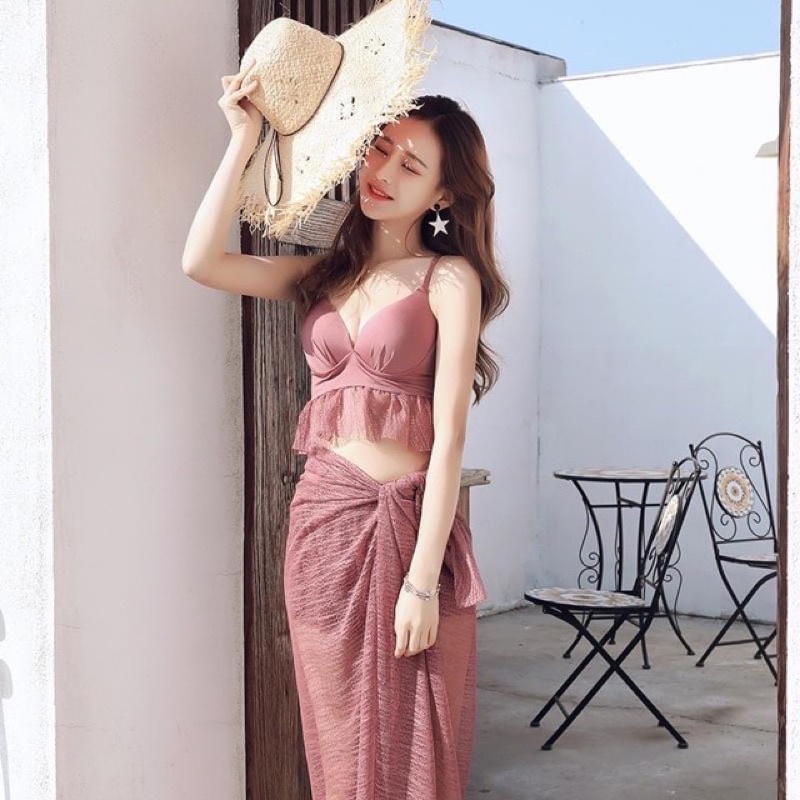 Bộ đồ bơi bikini 3 món kèm khăn voan phong cách Hàn Quốc 8809