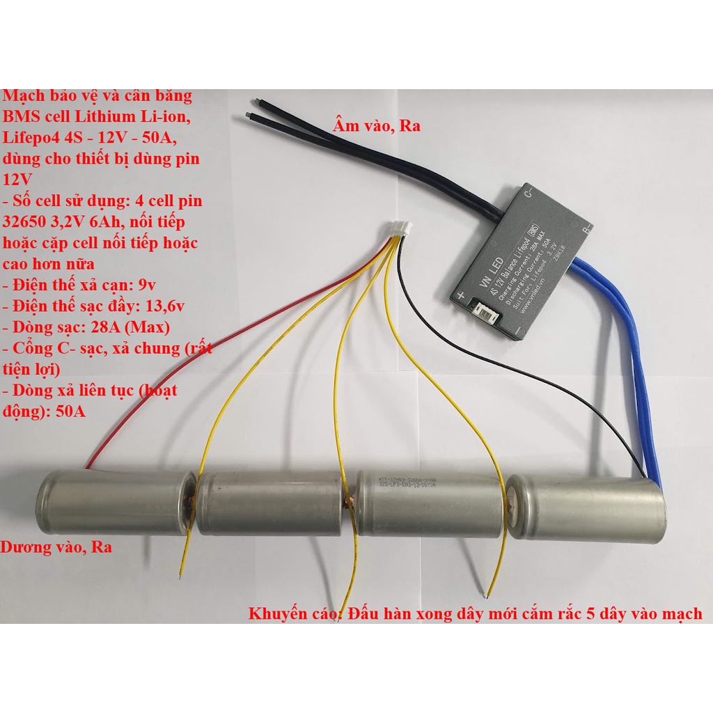 Mạch bảo vệ và cân bằng BMS cell Lithium Li-ion, Lifepo4 4S - 12V -10A-20A-40A -50A-60A, dùng cho thiết bị dùng pin 12v