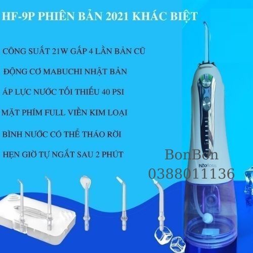 Máy tăm nước cầm tay vệ sinh răng miệng h2ofloss HF9P chất liệu cao cấp 5 chế độ Tặng túi vải đựng máy