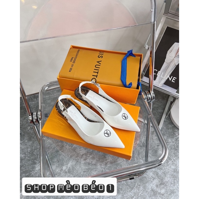Sandal lv mũi nhọn gót gương đế vuông fullbox