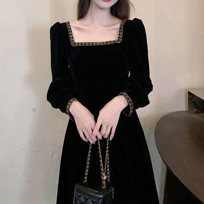Váy đầm nhung cổ vuông viền vàng dáng dài thu đông phong cách Hàn Quốc MS345