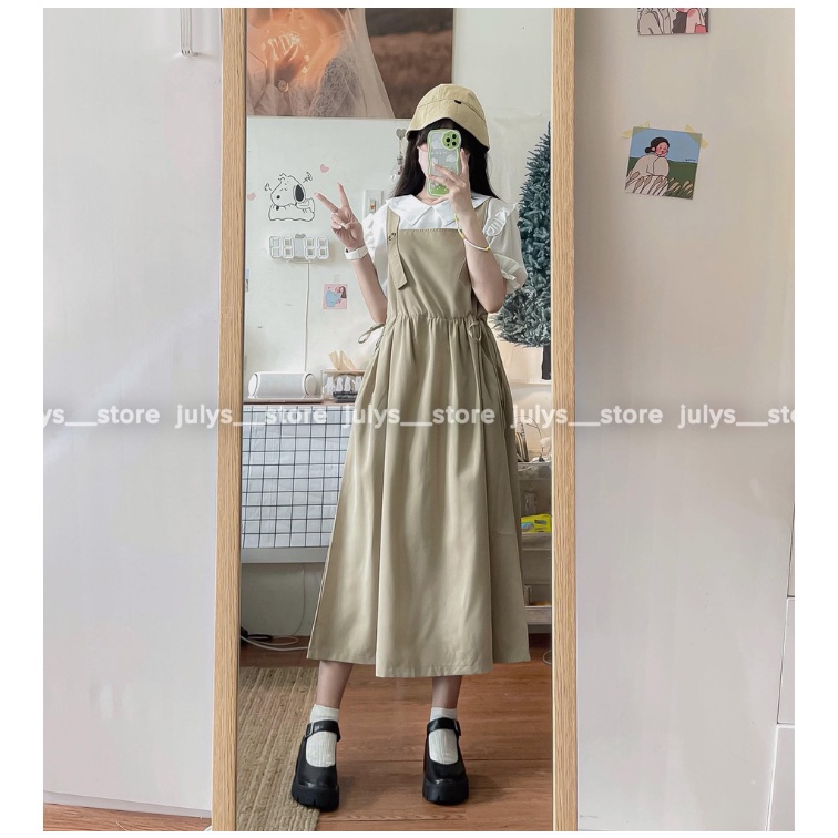 Set yếm váy ulzzang rút eo kèm áo sơ mi tay bồng chuzme