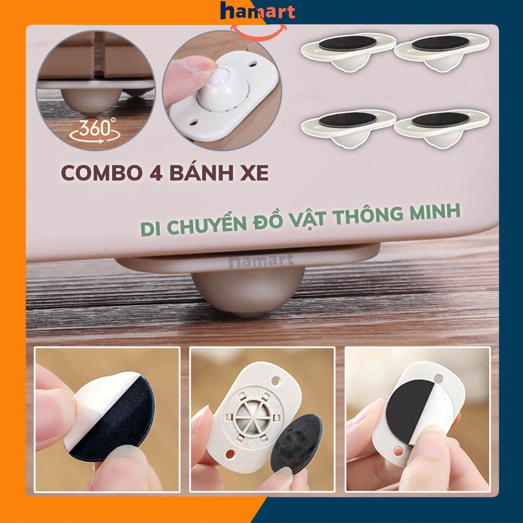 COMBO 4 Bánh Xe Nhựa Hamart Bánh Xe Di Chuyển Đồ Vật DÁN 3M XOAY 360° CHỊU TẢI LỚN TIỆN LỢI