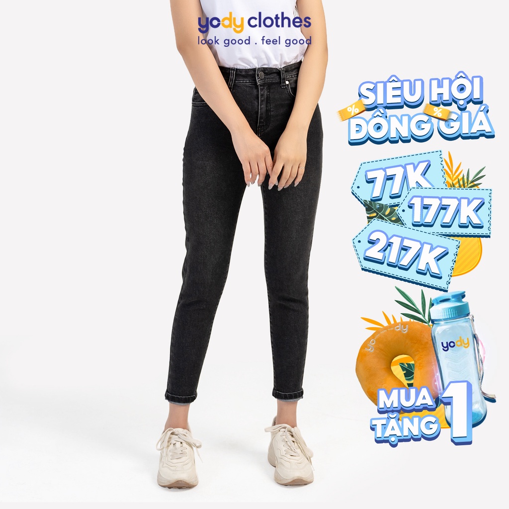 Quần jeans nữ YODY đen khói trơn, có giãn siêu tốt QJN4010