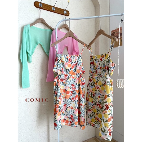 COMIC - set đầm hoa cut eo kèm cadigan mỏng