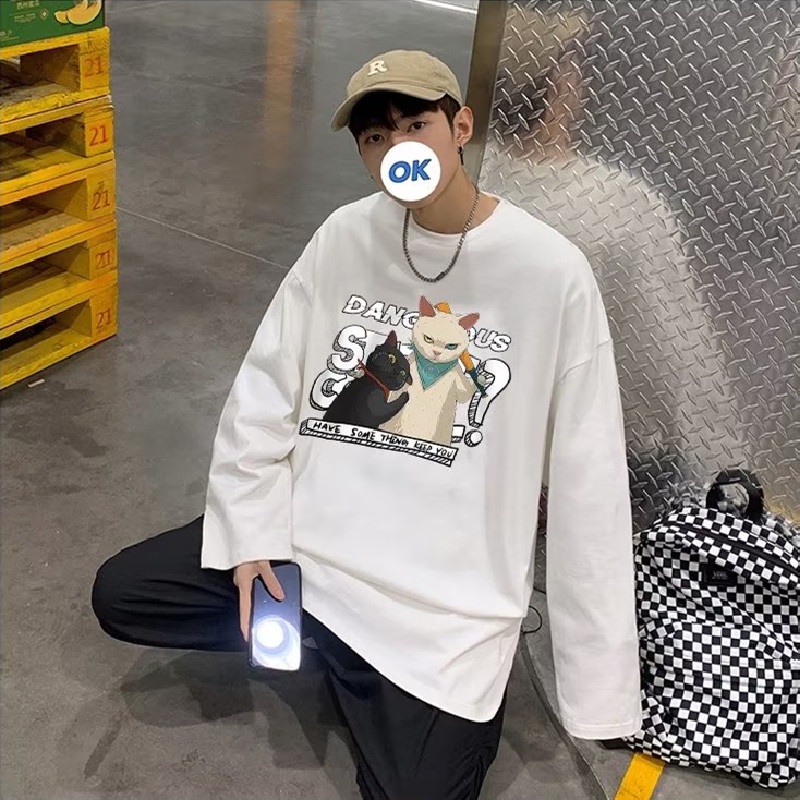 Áo Thun Tay Dài Dáng Rộng In Họa Tiết Hoạt Hình Phong Cách Hip Hop Hàn Quốc Thời Trang Cho Nam Và Nữ Size M-5XL