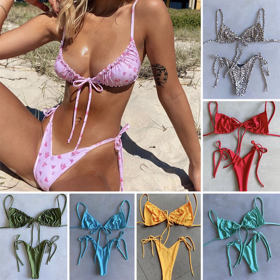 Set bikini buộc dây màu trơn gợi cảm cho nữ H268