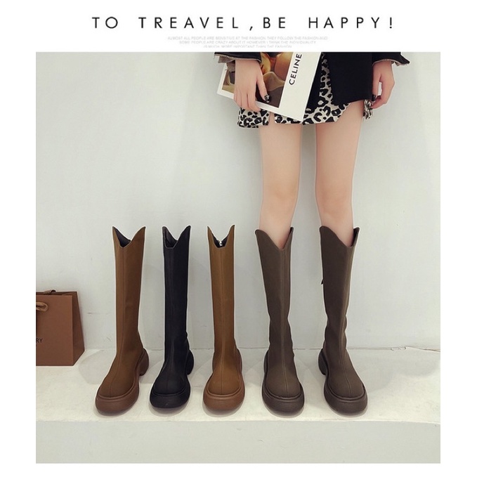Boots cao bồi lửng cổ cao dưới đầu gối đến dày cao 5cm da nhám