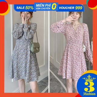 Đầm Hoa Cổ Chữ V Tay Dài Vải Voan Đẹp Thoáng Mát Style Thời Trang Vintage Pháp - MSP D06B