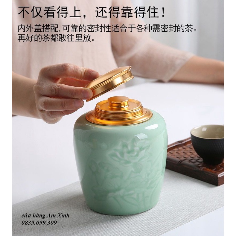 Hũ, Bình đựng trà bằng sứ men ngọc cao cấp nắp xoáy 2 lớp với họa tiết hoa sen khắc chìm