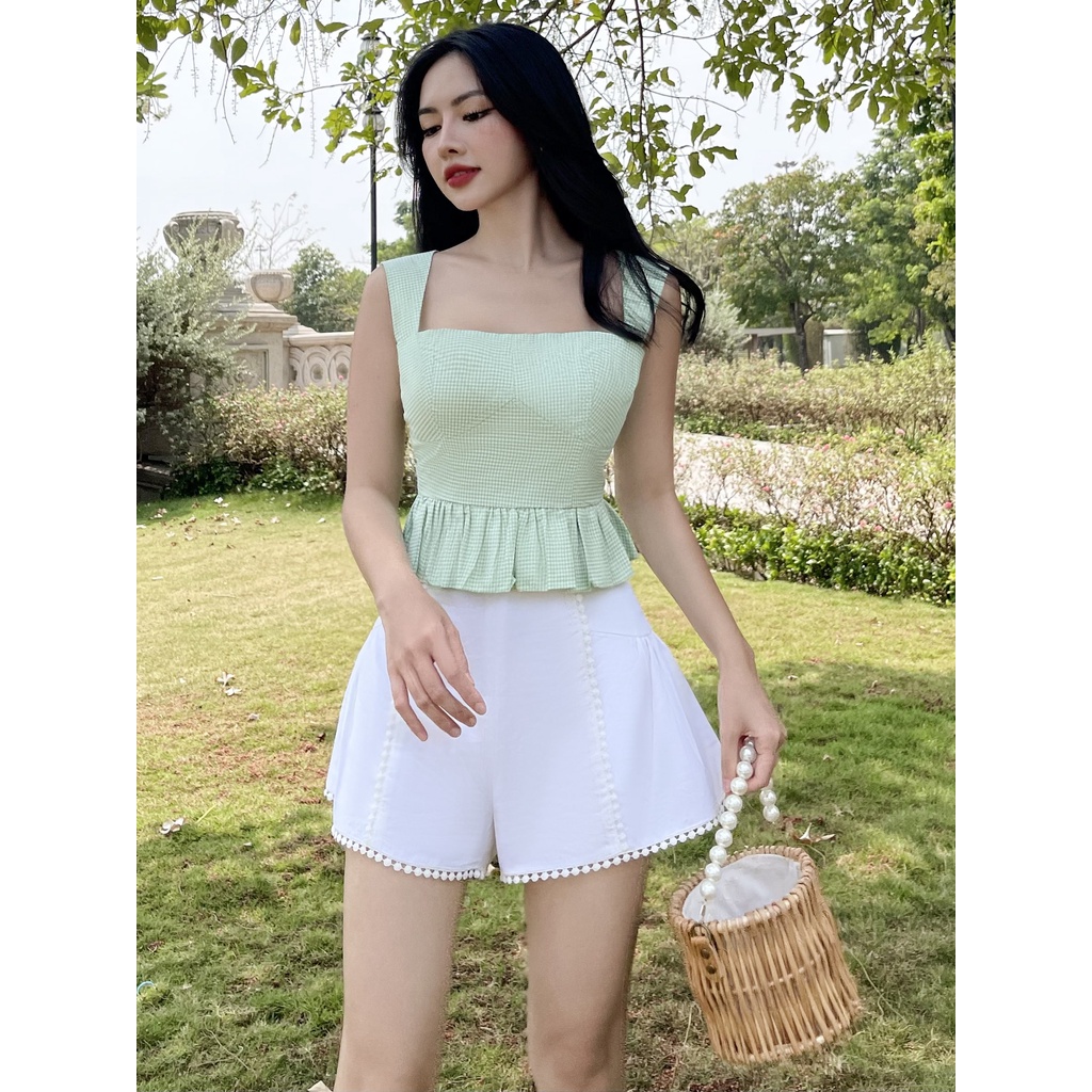 RECHIC Áo kiểu Celina hoạ tiết caro thiết kế hai dây bảng to có chiết eo trẻ trung năng động thích hợp đi dạo phố cafe