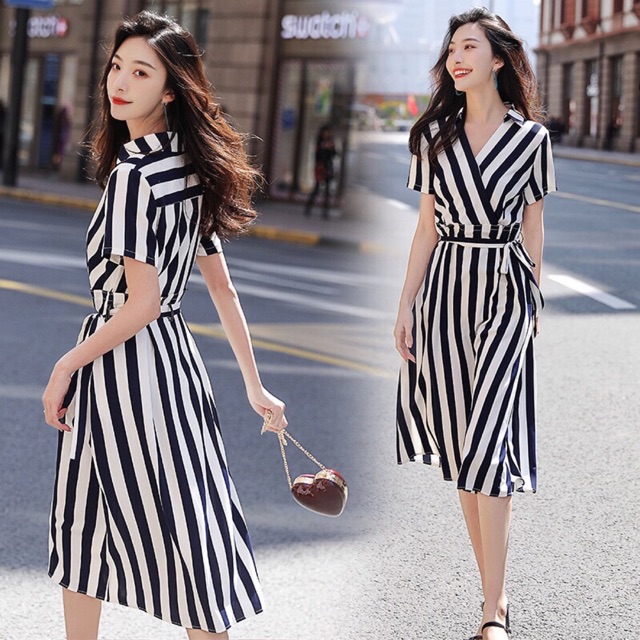 ĐẦM XOÈ SỌC CỔ V CÁCH ĐIỆU