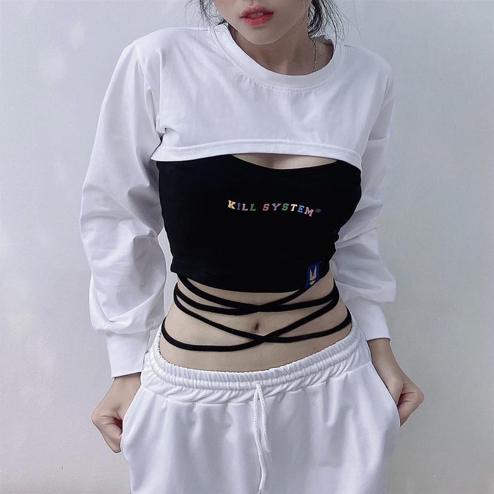 Combo áo croptop Kill System thắt dây eo trắng đen