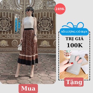 Váy Xếp Ly Dáng Dài Màu Nâu Đồng Xu Họa Tiết Hàng Loại 2 Freeship, Chân Váy Xòe Dài Lưng Cao Cạp Chun Cho Các Nàng Mới