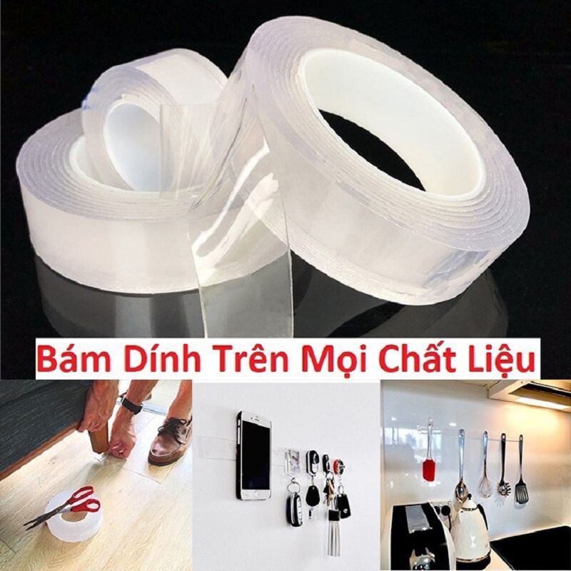 Băng Dính 2 Mặt Siêu Dính Trong Suốt Cuộn Dài 5m - Băng Keo Dán Đa Năng Chống Thấm Nước Tiện Dụng