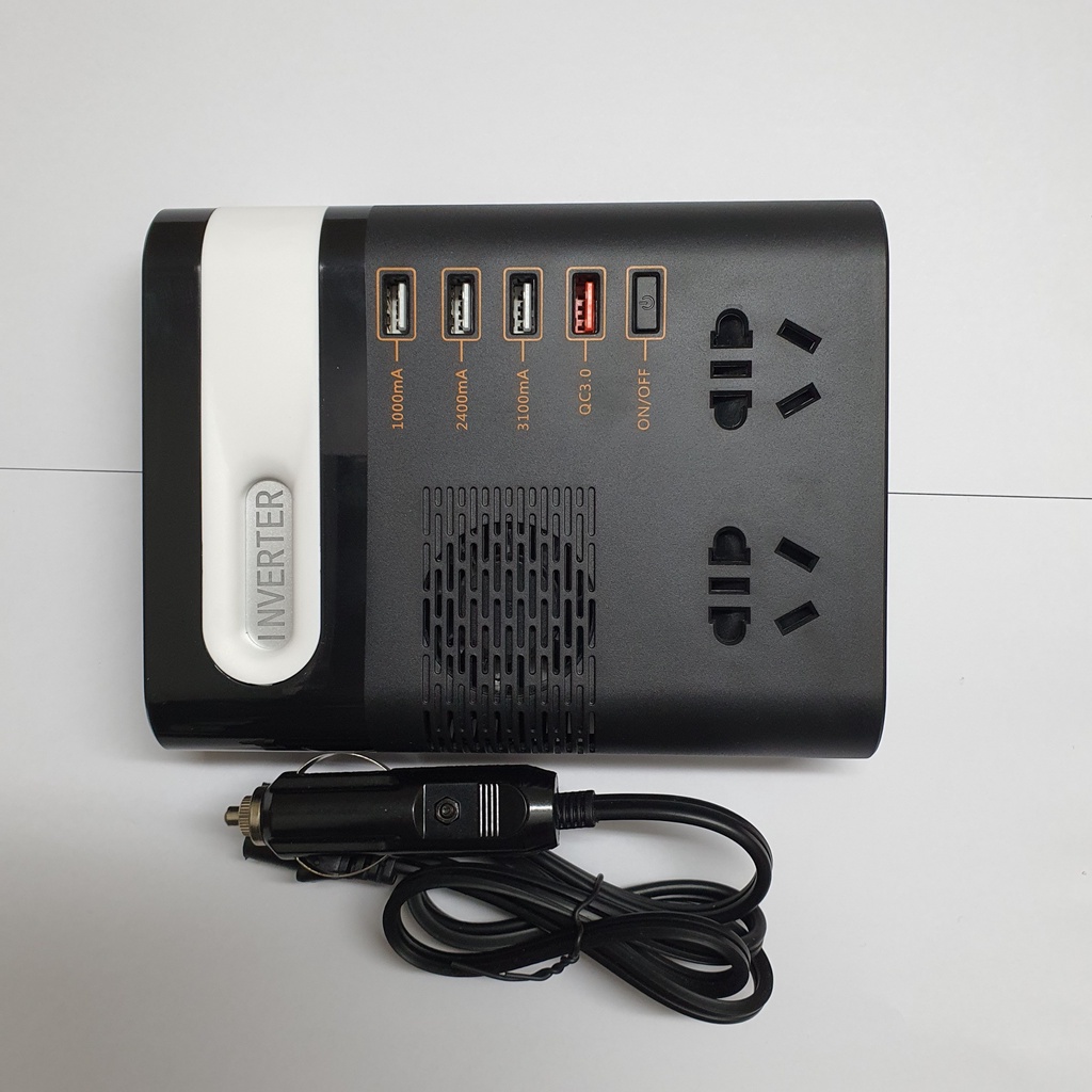 Bộ chuyển đổi nguồn 12V-24V Sang 220V Dành Cho Ô Tô 150W Ci01, hỗ trợ 4 cổng Usb, 2 cổng 220V, có cầu chì bảo vệ