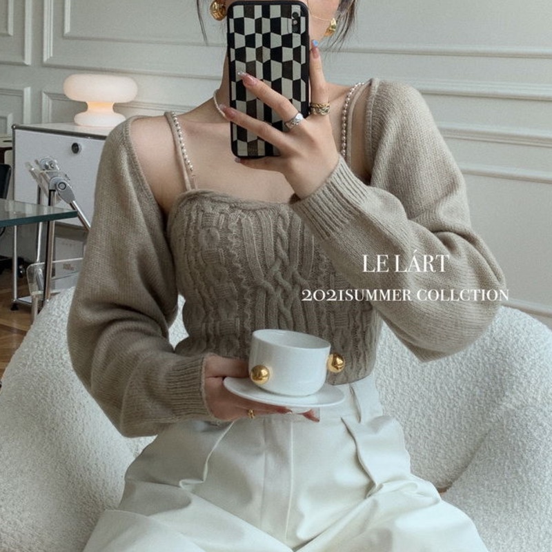 Áo Len Cardigan Dài Tay Hai Dây Đính Ngọc Trai Phong Cách Pháp Cổ Điển Dành Cho Nữ