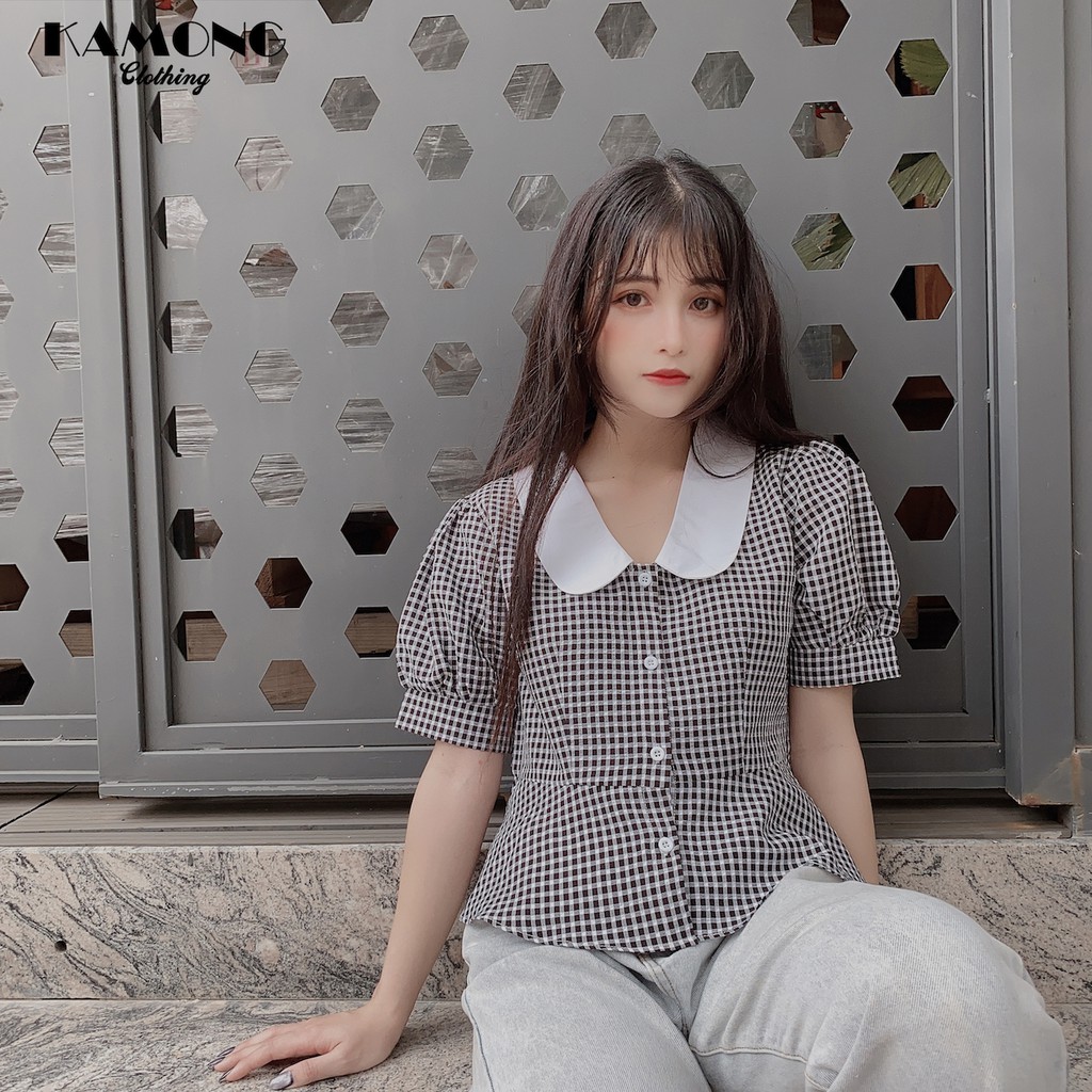 Áo kiểu croptop caro cổ sen KAMONG A046 | BigBuy360 - bigbuy360.vn
