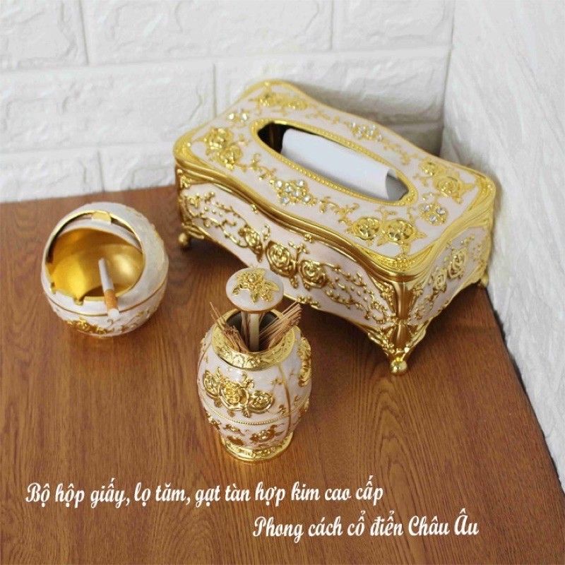 Lọ Đựng Tăm Vàng - Hộp Đựng Giấy Ăn Vàng, Gạt Tàn thuốc lá vàng Hoàng Gia Cao Cấp
