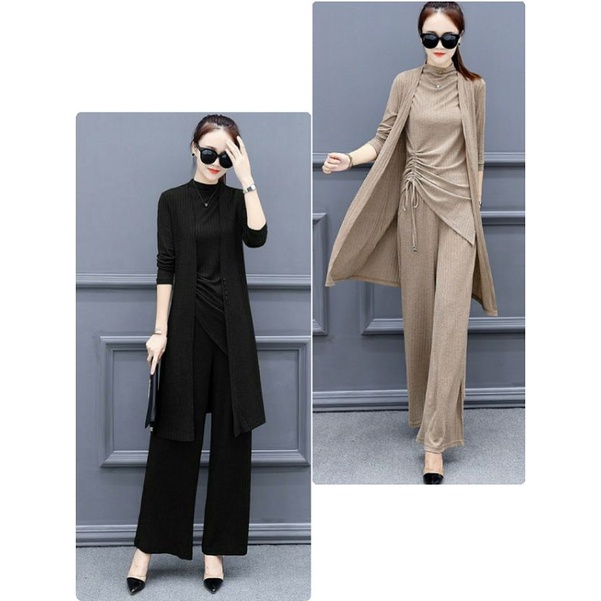 Hàng nhập - Set bộ len nữ kèm áo khoác cadigan, set đồ thời trang thu đông ống suông