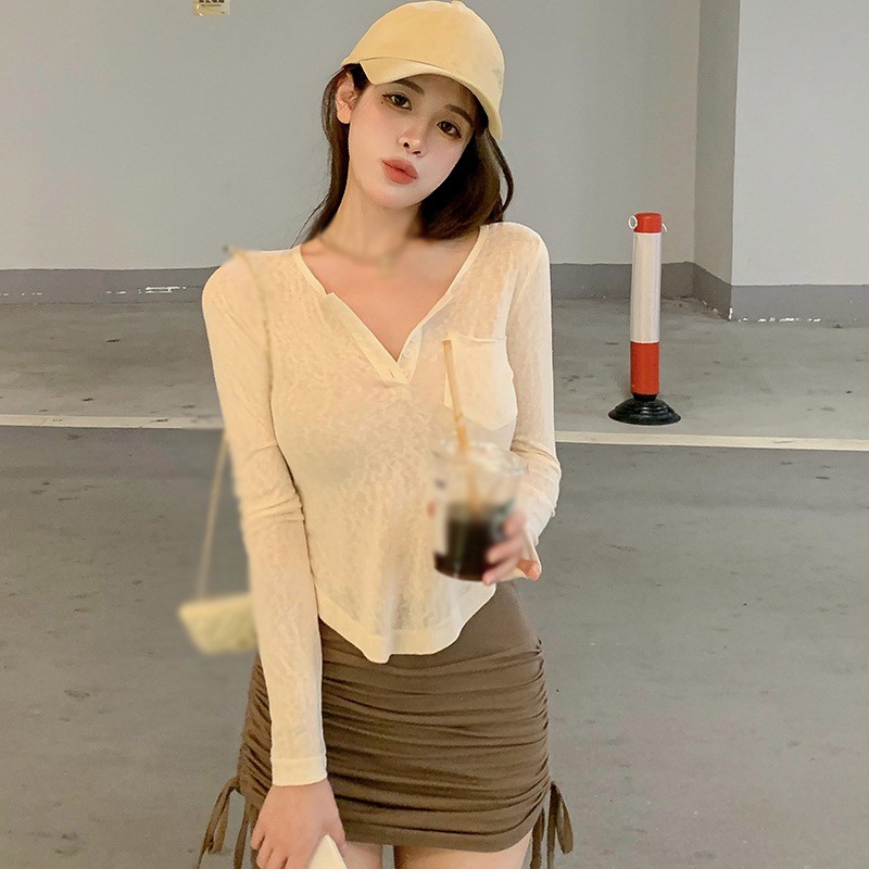 Áo Thun Tay Dài Dáng Ôm Vải Mỏng Thời Trang Mùa Hè Cho Nữ