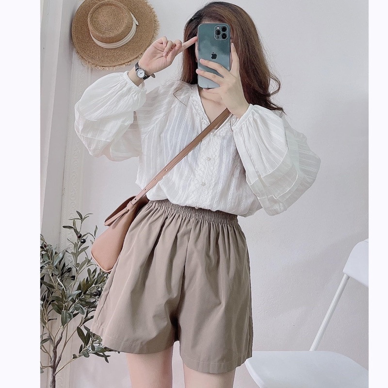 [HÀNG SẴN]Áo sơmi cổ V phối ren tay bồng tiểu thư/Áo sơmi Dona cúc ngọc tay bồng