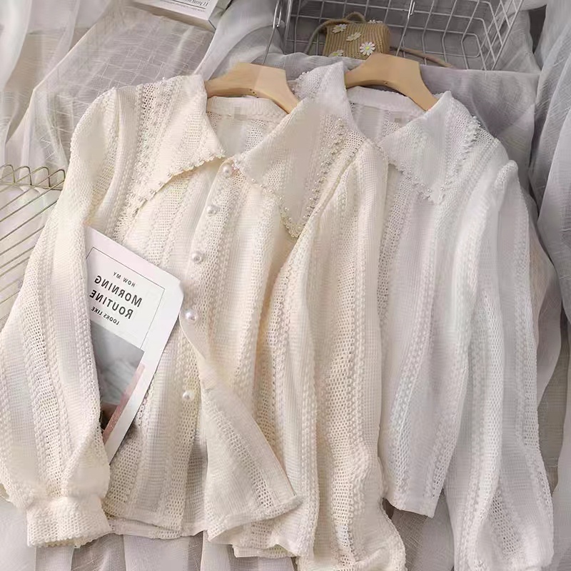 Áo Sơ Mi Voan Cổ V Màu Trắng Phối Ren Thời Trang Cho Nữ