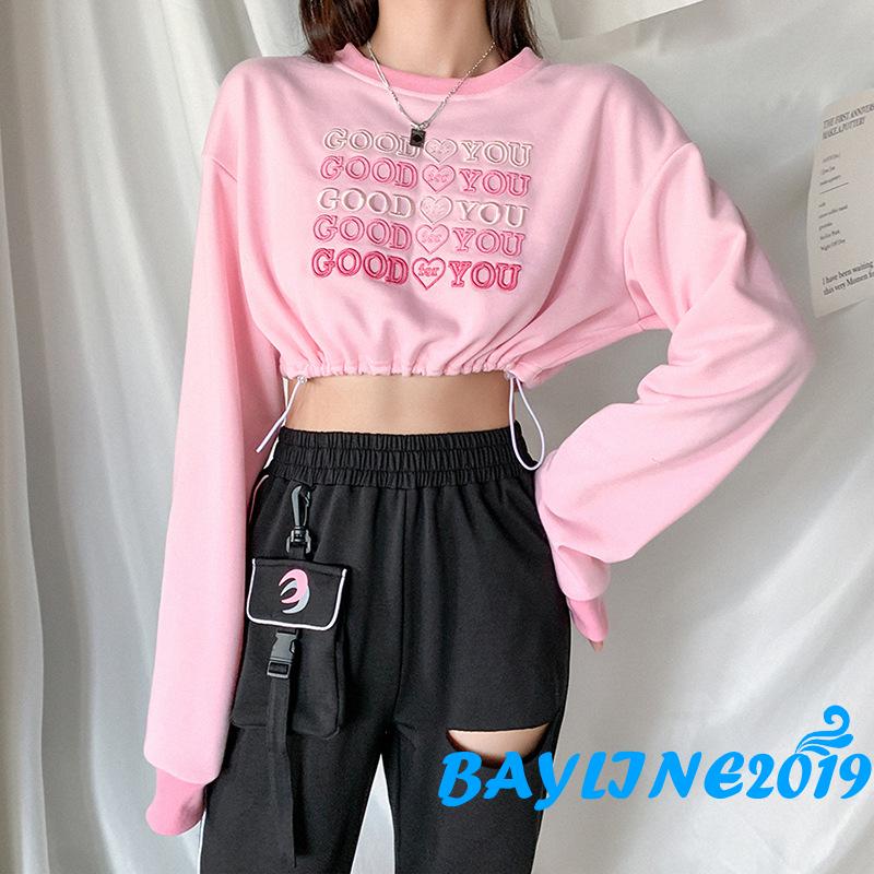 Áo Croptop Dài Tay Thêu Chữ Thời Trang Nữ Trẻ Trung
