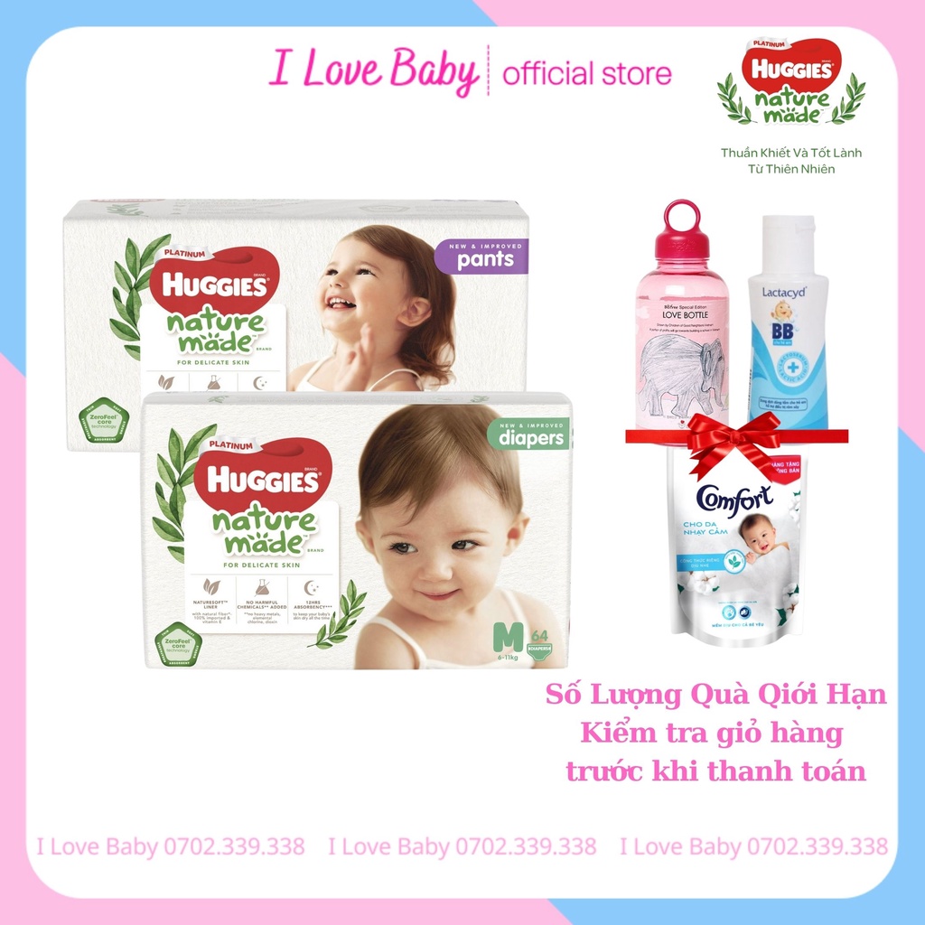 Tã Dán/Quần Huggies Platinum Nature Made Size NB60/S82/M64/L54/XL44/M58/L44/XL38/XXL26