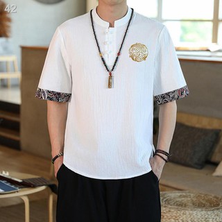 OMen s style big size social guy linen short shirt t Áo sơ mi Tang phù hợp với cotton và vải lanh nửa tay thêu cho