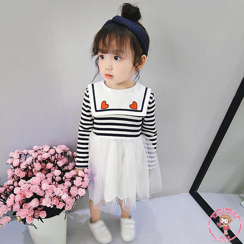 KIDS Đầm xòe tay dài kẻ sọc phối lưới đáng yêu cho bé gái