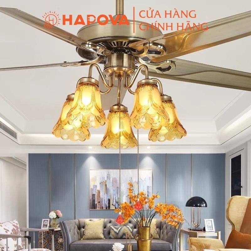 Quạt trang trí, Quạt có đèn 5 cánh Sắt 5 bóng HAPOVA DGT 8095 ( + Tăng kèm bóng led AS Vàng)