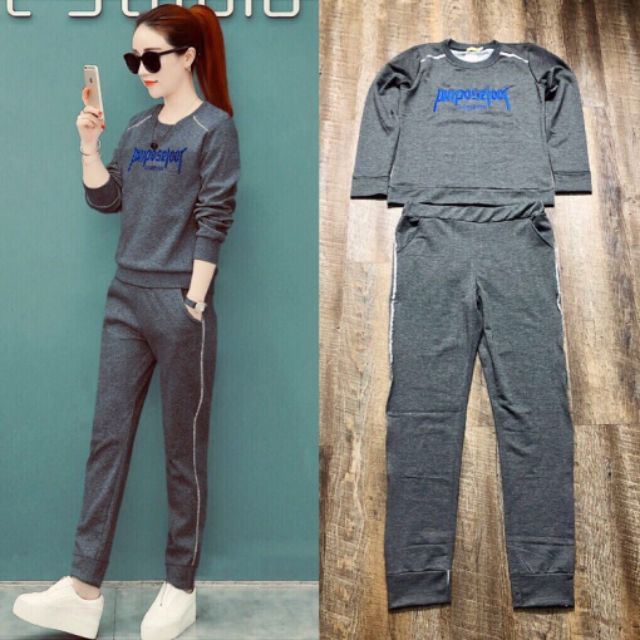 Set nguyên bộ đồ thể thao thêu chử phối viền kim tuyến