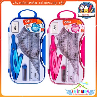 Bộ dụng cụ học sinh 7pcs deli g30304 - thước kẻ, compa chì kim, eke, đo độ, tẩy